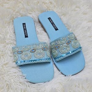 Nine West Blue Embellished Slide Sandals